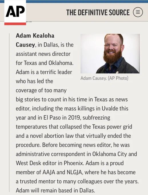 AP announcement on Adam Kealoha Causey being named assistant news director for Texas and Oklahoma.