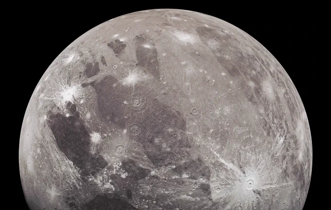 This is an image of Jupiter's moon Ganymede taken by NASA's Juno spacecraft. Ganymede is the largest moon in the Solar System.