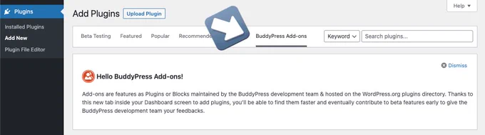 Screenshot of WordPress Admin’s “Plugins” screen, specifically calling out the new “BuddyPress Add-ons” section, which is the new home for plugins from (or endorsed by) the BuddyPress project and its contributors 🍕