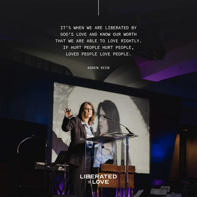 A photo of Karen speaking on stage with the quote in text above her.