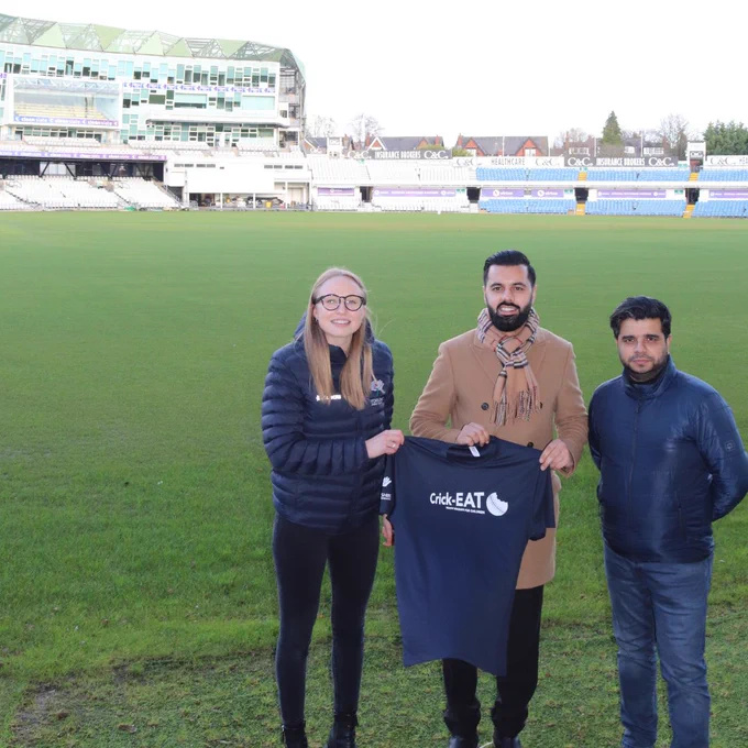 Beth Cook, Health and Wellbeing Manager for Yorkshire Cricket Foundation, alongside Ishfaq Farooq, the director of MyLahore (centre) and Yaseen Mohammed, a non-executive director at Yorkshire County Cricket Club (YCCC), at Headingley Cricket Ground (Image: Yorkshire Cricket Foundation)