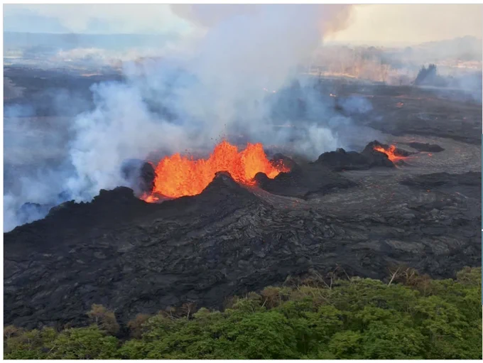 An aerial drone image of a fissure eruption during Kīlauea’s volcanic flank eruption in 2018 at the Lower East Rift Zone. 