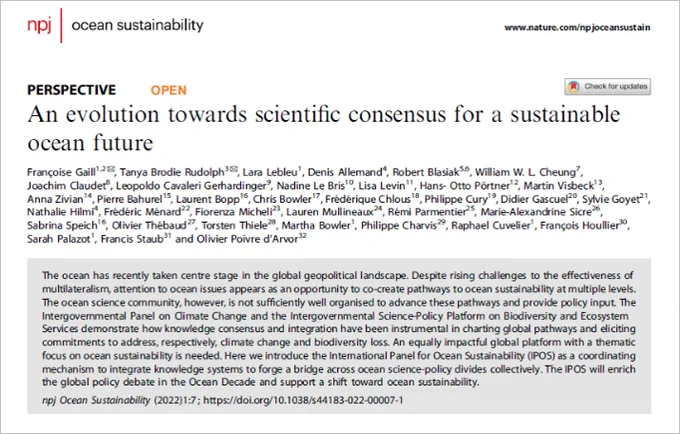 Title, authors’ names, and abstract of an article proposing an international panel for ocean sustainability. Text: An evolution towards scientific consensus for a sustainable ocean future.