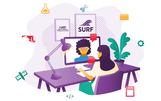 Illustrated person sitting at a desk, talking on a video chat. Icons representing the states of Maryland and Colorado, a calendar, a beaker, a DNA strand and more float around. On the back wall are posters with the NIST and SURF logos.
