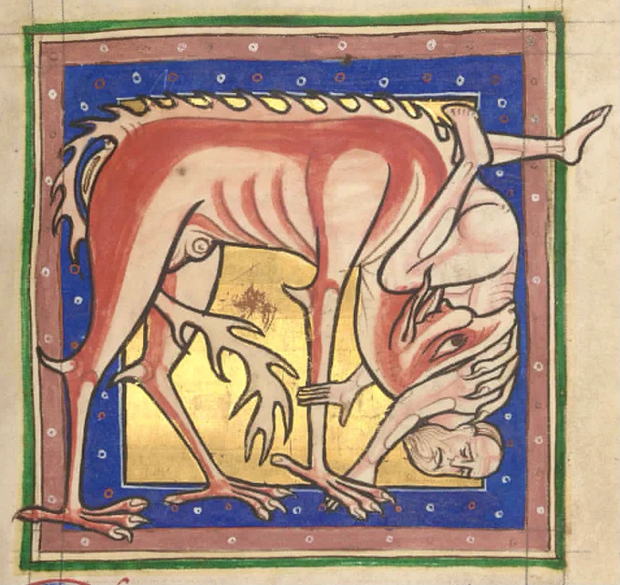 A medieval drawing of a beast with long legs, clawed feet, and spines on its tail, back, and legs, holding a naked man in its mouth with a long, pale, spindly hand