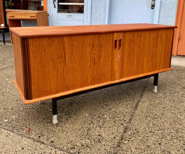 (1 of 2 images) Vintage Teak Office, Sideboard/Credenza with timbre doors! Mid-Century Modern || $1499 || L 58” D 17” H 27.5”