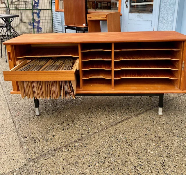 (2 of 2 images) Vintage Teak Office, Sideboard/Credenza with timbre doors! Mid-Century Modern || $1499 || L 58” D 17” H 27.5”