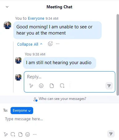 Threaded discussion in a Zoom meeting chat. First response says, "Good morning! I am unable to see or hear you at the moment" and second response (in reply to the first) says, "I am still not hearing your audio"