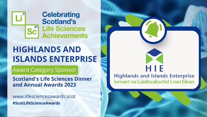 Bright blue DNA image as background. White box with text "Highlands and Islands Enterprise" who are Scotland's life science awards and dinner 2023  Innovation Animal Health, Agritech and Aquaculture  Award Category sponsors. Find out more at www.lifesciencesawards.scot