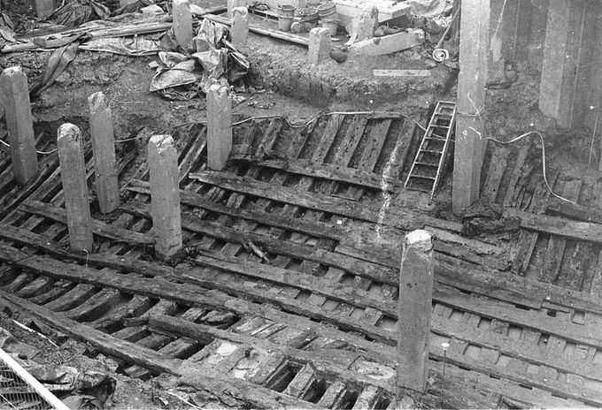 The exposed timbers of the Newport ship. © Newport Museums and Heritage Service.