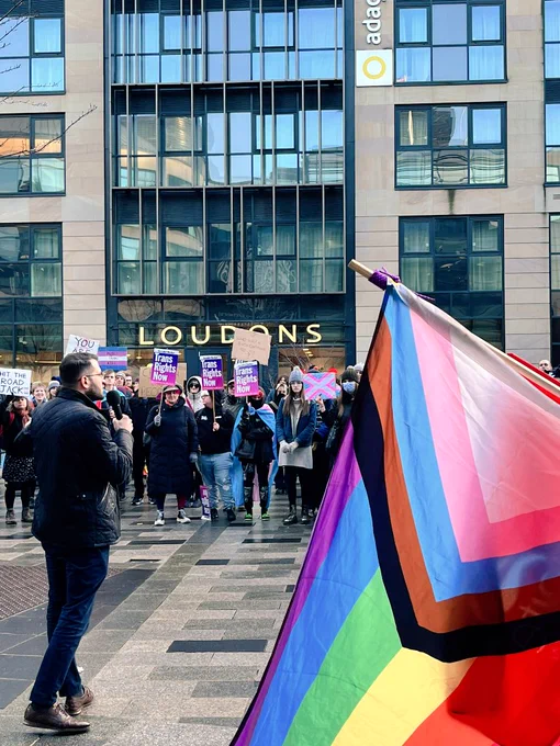 Paul Sweeney MSP talking to trans activists and allies outside the UK Government HQ in Edinburgh earlier today