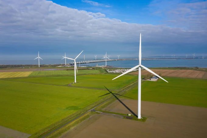 Aerial view of wind turbines near the coast of Kamperland, The Netherlands
