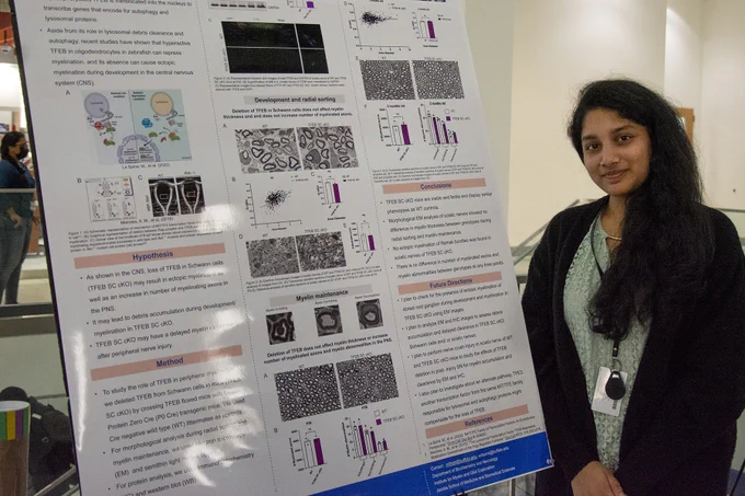 Master’s student Sri Laxmi Veerapaneni stands near her poster