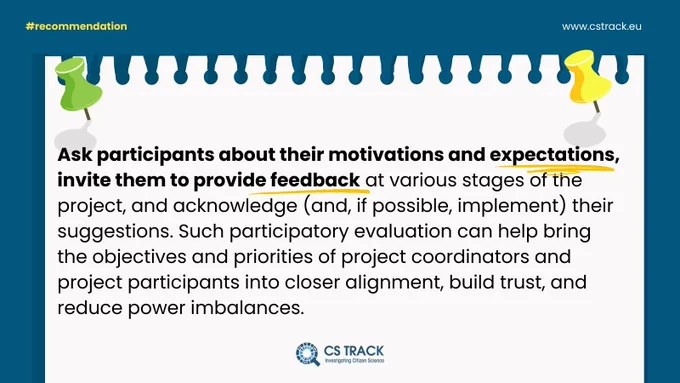 Graphic reads "Ask participants about their motivations and expectations, invite them to provide feedback at various stages of the project, and acknowledge (and, if possible, implement) their suggestions. Such participatory evaluation can help bring the objectives and priorities of project coordinators and project participants into closer alignment, build trust, and reduce power imbalances."