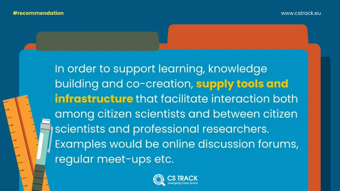 Graphic reads "In order to support learning, knowledge building and co-creation, supply tools and infrastructure that facilitate interaction both among citizen scientists and between citizen scientists and professional researchers. Examples would be online discussion forums, regular meet-ups etc."