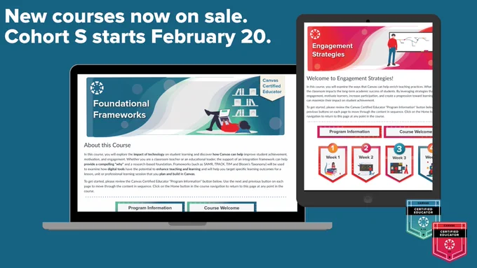 New courses now on sale. Cohort S starts February 20.

Images of K12 Foundational Frameworks homepage and HE Engagement Strategies homepage. 