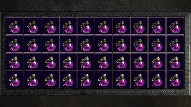Image of a Diablo 2 inventory filled with Rejuvenation potions.