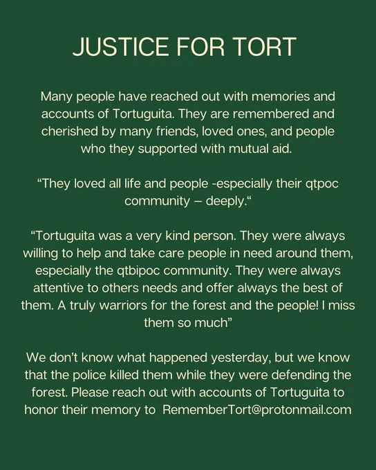 Text: Many people have reached out with memories and accounts of Tortuguita. They are remembered and cherished by many friends, loved ones, and people
who they supported with mutual aid. 

“They loved all life and people -especially their qtpoc community — deeply.“

“Tortuguita was a very kind person. They were always willing to help and take care people in need around them, especially the qtbipoc community. They were always attentive to others needs and offer always the best of them. A truly warriors for the forest and the people! I miss them so much”

We don’t know what happened yesterday, but we know that the police killed them while they were defending the forest. Please reach out with accounts of Tortuguita to honor their memory to  RememberTort@protonmail.com