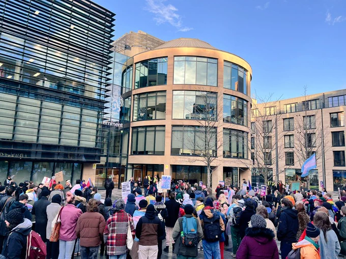 Paul Sweeney MSP talking to trans activists and allies outside the UK Government HQ in Edinburgh earlier today