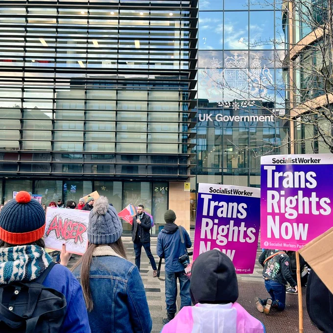 Paul Sweeney MSP talking to trans activists and allies outside the UK Government HQ in Edinburgh earlier today