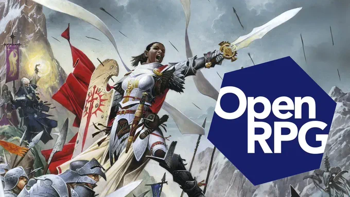 Iconic character Seelah leading the charge in a battle with the OpenRPG logo to the right. 