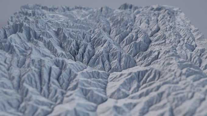 A marble-like 3D render of a section of hills in a bluish-white light.