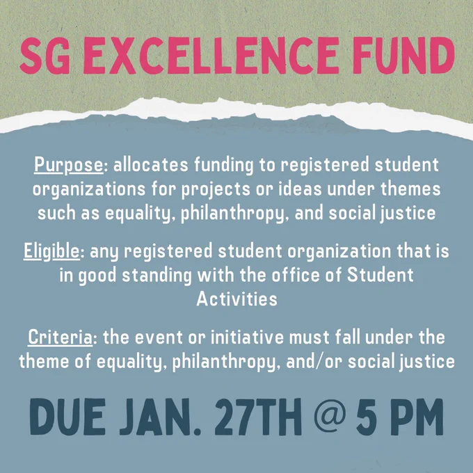 Title: SG Excellence Fund 
Purpose: allocates funding to registered student
organizations for projects or ideas under themes such as equality, philanthropy, and social justice
Eligible: any registered student organization that is in good standing with the office of Student Activities
Criteria: the event or initiative must fall under the theme of equality, philanthropy, and/or social justice
Due Jan. 27th at 5 PM