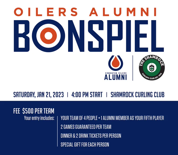 Details of the Oilers Alumni Bonspiel are depicted.