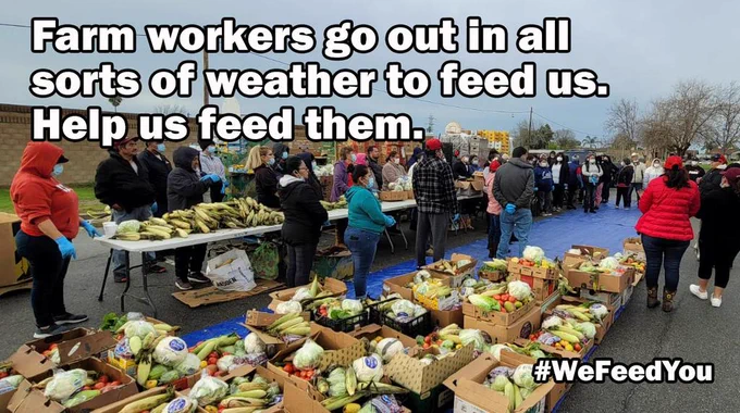 Photo of farm workers getting food from UFW food distribution program with graphic requesting donations in support. 