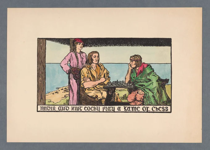 Hand coloured photoengraved print by Eileen Greig titled 'Midir and King Eochy play a game of chess'. The print depicts two men mid game of chess in a hut with a woman stood behind the man on the left hand side. 