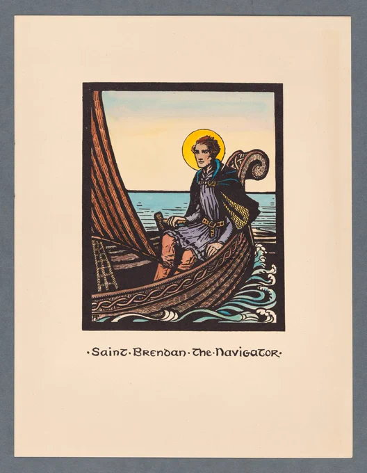 Hand coloured photoengraved print by Anne Price titled 'Saint Brendan'. The print depicts Saint Brendan seated in a small boat, holding the rudder and sailing the boat; he's wearing a blue cloak and purple tunic. 