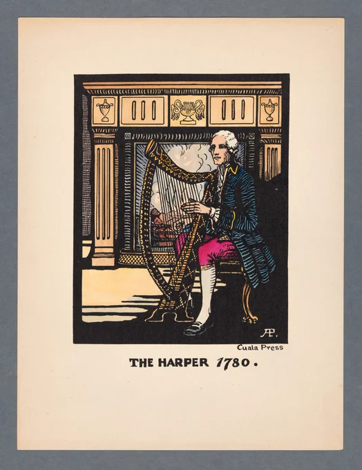 Hand coloured photoengraved print by Anne Price titled 'The Harper'. The print depicts a harp player in 18th century costume playing the harp, and sitting near a grand fireplace.