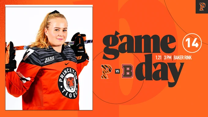 game day princeton vs. brown 1/21 3pm baker rink posed player photo 14 number logo