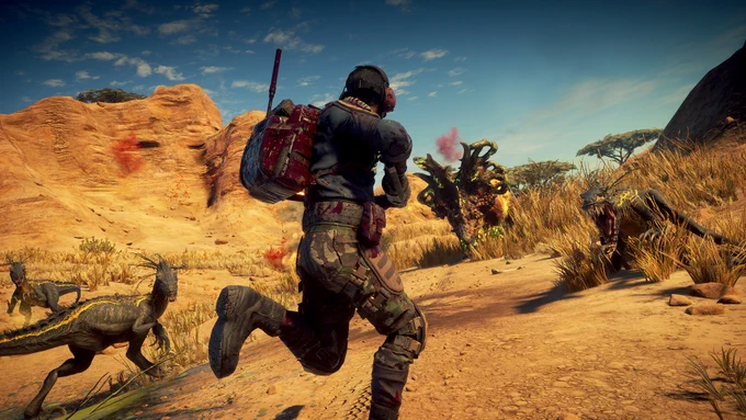A lone soldier fights a horde of Raptors and a sick looking Styracosaurus in a Savanna.