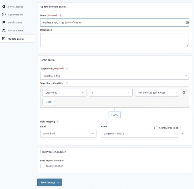 Screenshot of feed settings in Gravity Forms for updating Multiple Entries in a Target Form. 