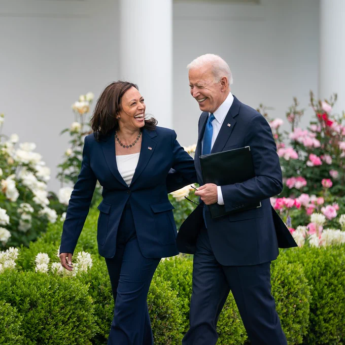 President Biden and Vice President Harris in the Rose Garden of the White House.