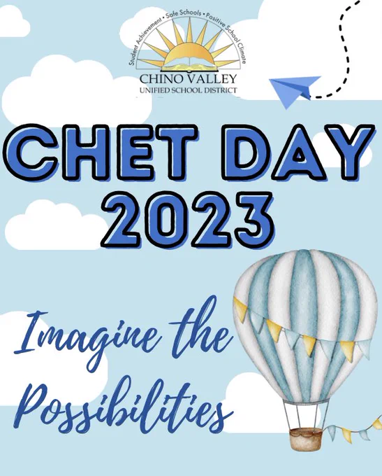 Chino Valley chet day 2023 imagine the possibilities with cloud background, hot air balloon, and a paper airplane