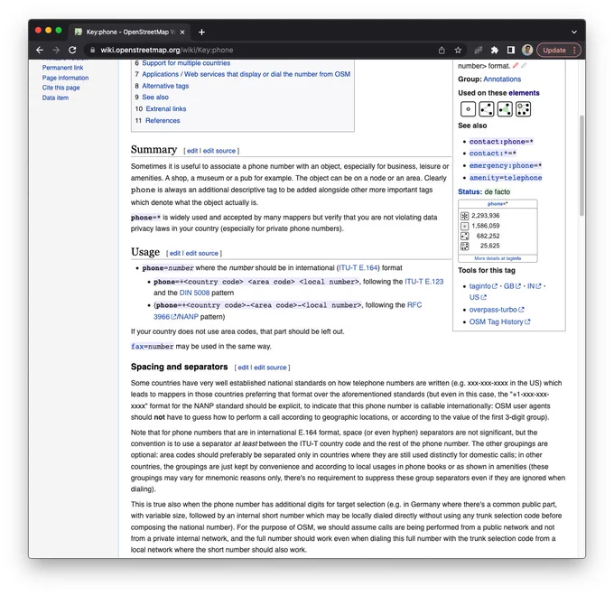 Documentación de OpenStreetMap sobre cómo escribir números de teléfono.