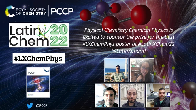 A promotional graphic showing the PCCP and LatinXChem 2022 logos alongside photos of the five winners of the LatinXChem Physical Chemistry poster prize