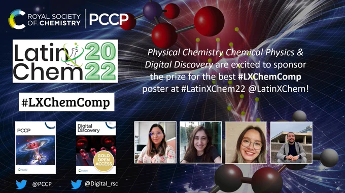 A promotional graphic showing the PCCP and LatinXChem 2022 logos alongside photos of the four winners of the LatinXChem Computational Chemistry poster prize
