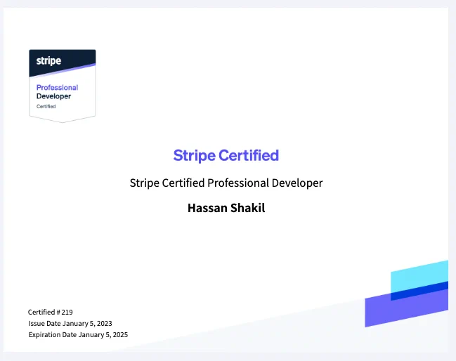 Hassan Shakeel - Stripe certified professional developer
