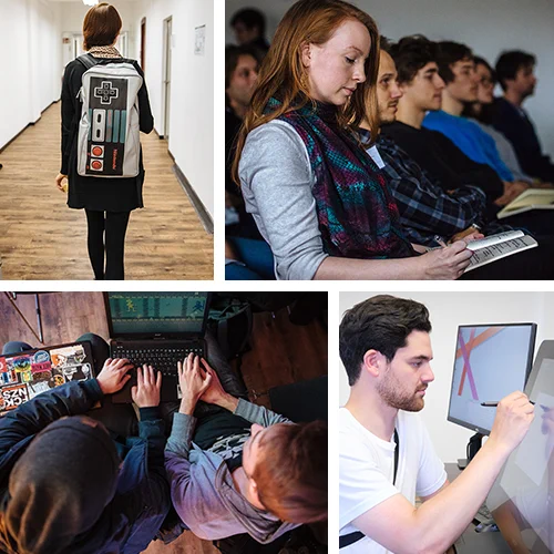 4 different pictures of CGL students working, playing & wandering through the halls