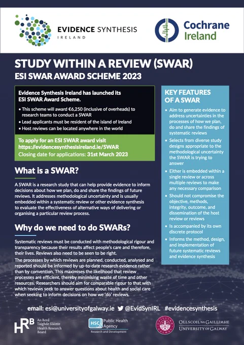 A flyer describing the SWAR scheme. The key details are available at http://evidencesynthesisireland.ie/SWAR/.