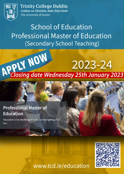 Applications are closing soon, two weeks left to apply for the 2nd round for the Professional Master of Education course for 2023-24.
Closing date Wednesday 25th January.
APPLY TODAY https://www.tcd.ie/.../professional-masters-education-pme/
#ThinkTrinity #Education #Teachers