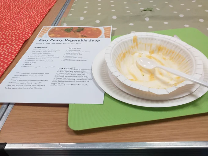 Recipe for easy-peasy vegetable soup next to an empty bowl