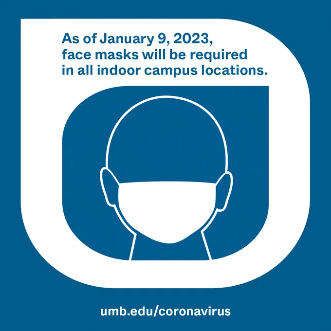 Image of person wearing mask and text reading As of January 9, face masks will be required in all indoor campus locations.