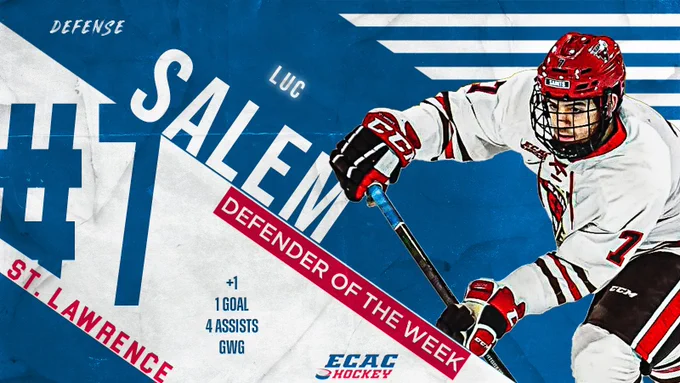 An ECAC Hockey Defender of the Week graphic featuring a full body shot of Luc Salem. The text on the graphic reads “LUC SALEM, DEFENDER OF THE WEEK” in large, white capital letters on a blue background. His stats for the weekend are listed in blue:  1, 1 goal, 4 assists, 1 GWG. “St. Lawrence” is written on the side of the graphic below his jersey number, #7, and the ECAC Hockey logo is at the bottom of the graphic.