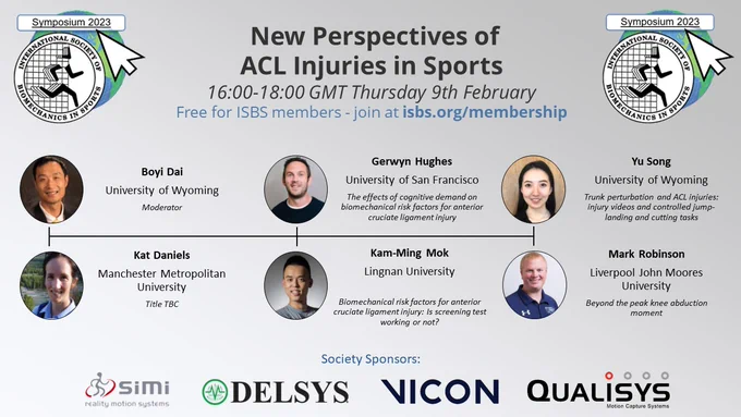 Boyi Dai - Moderator
Gerwyn Hughes - The effects of cognitive demand on biomechanical risk factors for anterior cruciate ligament injury 
Yu Song - Trunk perturbation and ACL injuries: injury videos and controlled jump-landing and cutting tasks
Kat Daniels - Title TBC
Kam-Ming Mok - Biomechanical risk factors for anterior cruciate ligament injury: Is screening test working or not?
Mark Robinson - Beyond the peak knee abduction moment