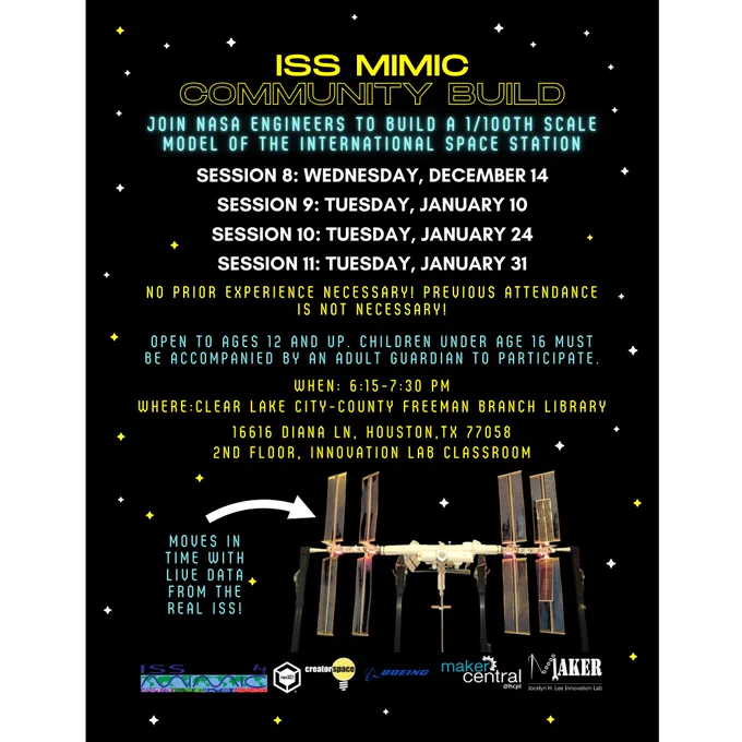 Iss Mimic community Build Sessions Jan 10, Jan 24, Jan 31 6:15pm at Freeman Library