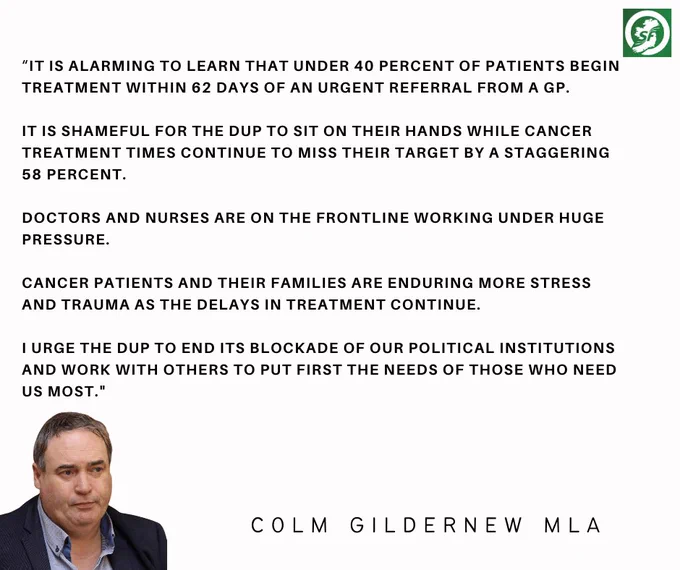 Press statement from Colm Gildernew Sinn Féin MLA and health spokes person urging the DUP to end their boycott of Executive to invest £1billion into health service and tackle waiting lists and help cancer patients. 
